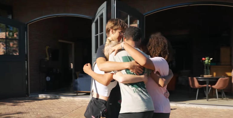 Between teenagers series with young people hug each other