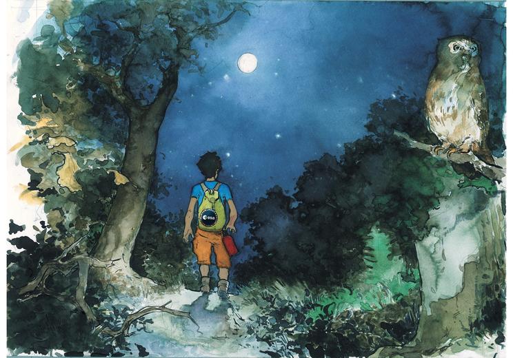 ESA drawing - boy walking into the forest at night
